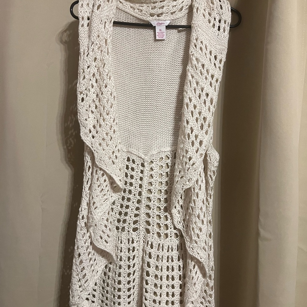 Sleeveless crochet open front cardigan